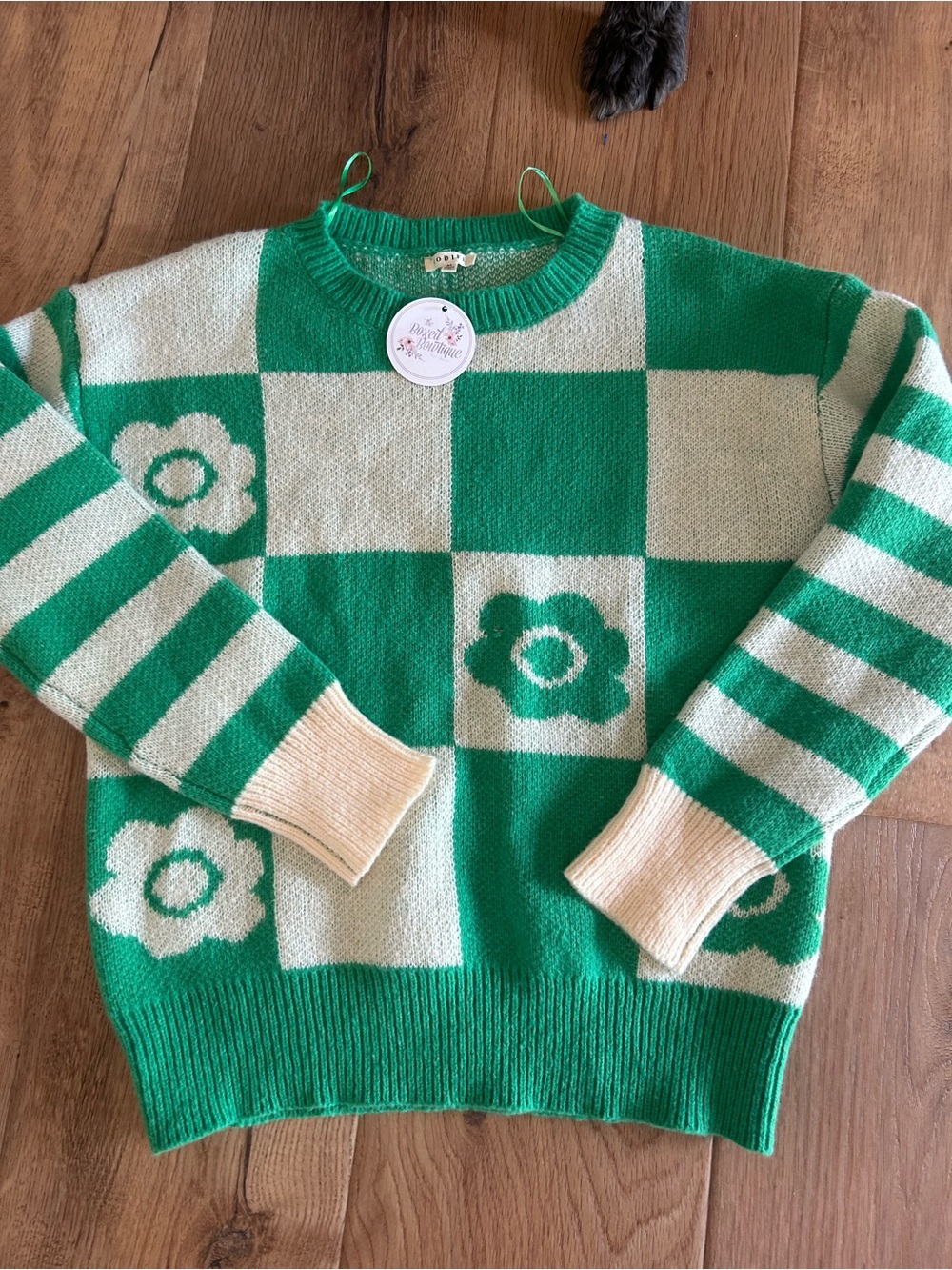 Green and Cream Checker Floral Knit Sweater